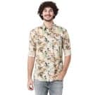Mufti Off White & Khaki Leaf Print Slim Fit Casual Shirt