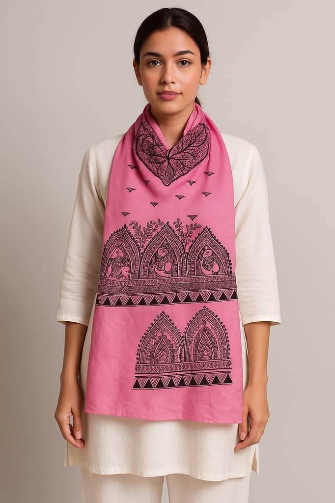 Handcrafted Madhubani Art Silk Stole – Pink view 2