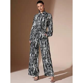 Black White Abstract Print Co-Ord Set with Collared Shirt