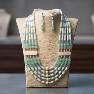 Traditional Multi-Strand Beaded Tribal Necklace & Earrings Set in Mint & Ivory