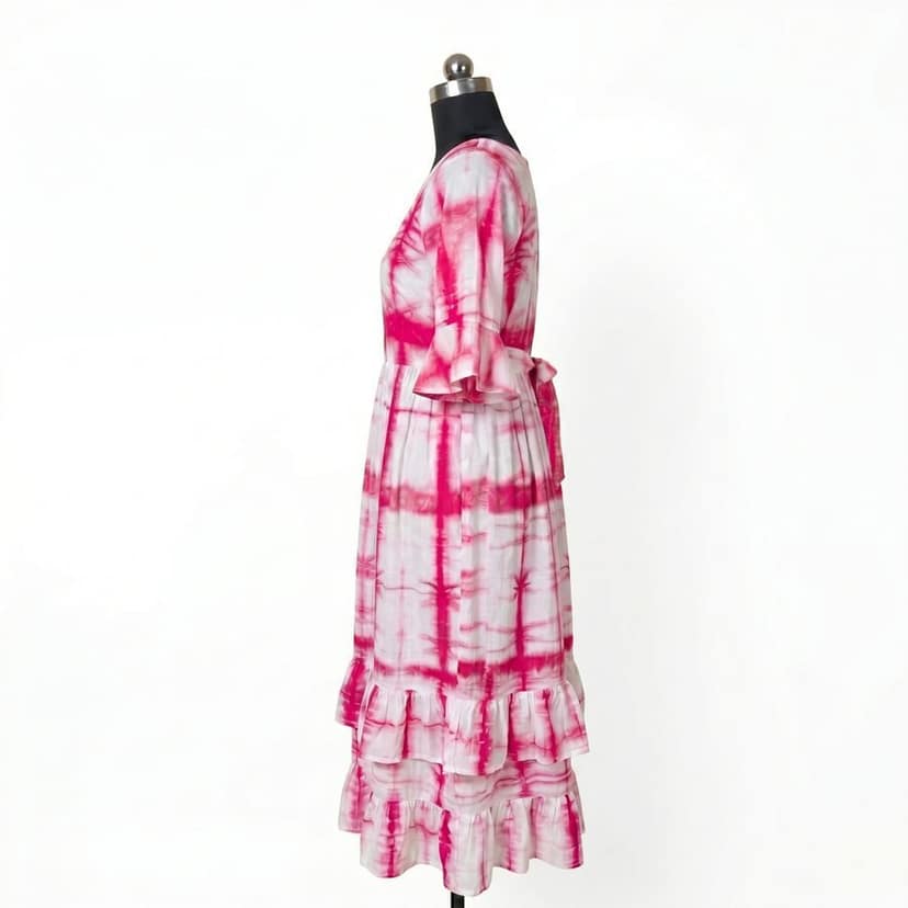 Women's Pink and White Tie-Dye Frill Sleeve Midi Dress view 4