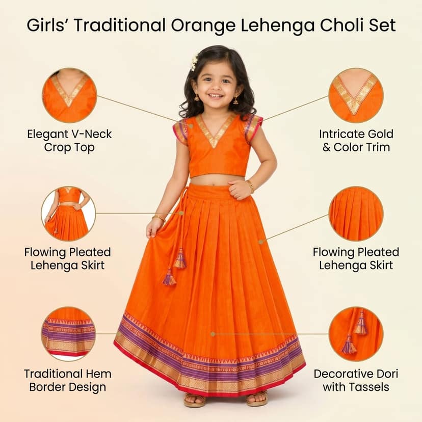 Mom and Me Girls’ Lehenga Choli/Parker Polka/Pattu Pavadai (0 Months–6 Years) | Acrylic Cotton with Soft Cotton Lining | V-Neck, Short Puff Sleeves, Zipper Closure (Orange, 12-18 M) view 4