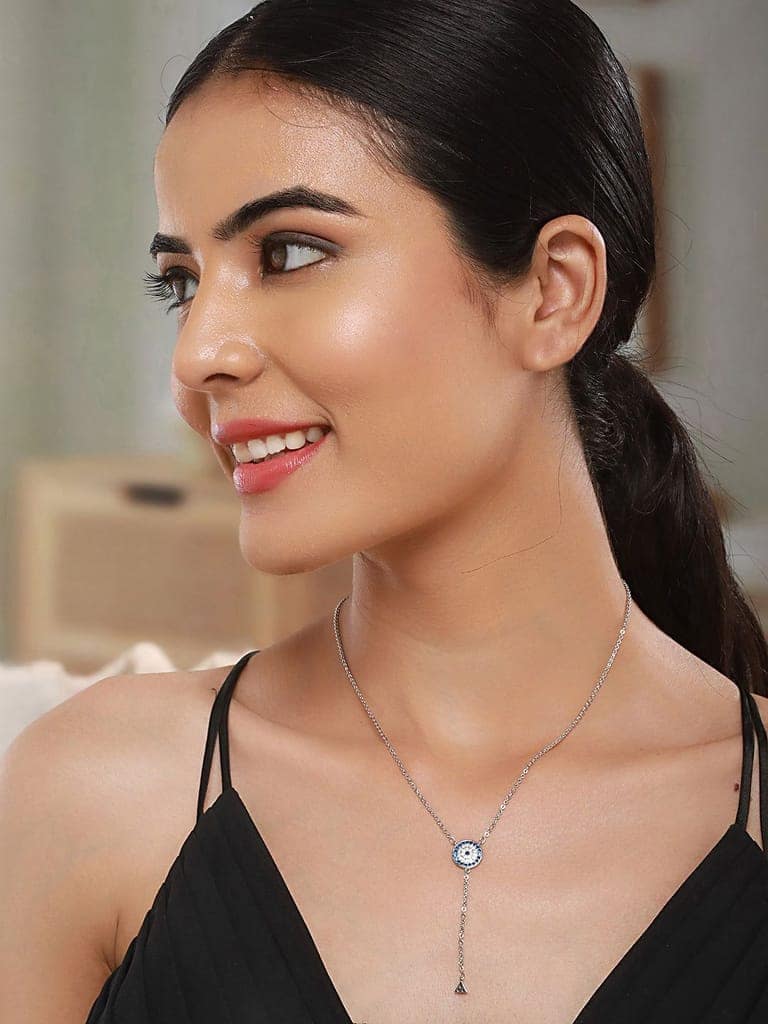 Anti-Tarnish Silver Plated AD Studded Delicate Dangling Evil Eye Necklace view 2