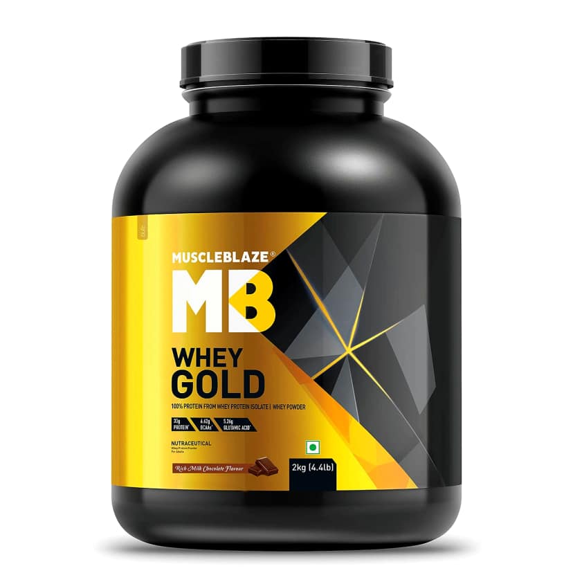 MuscleBlaze Whey Gold 100% Whey Protein Isolate (Flavour - RICH MILK CHOCOLATE, Size - 4.4 Lbs) by Total Sporting And Fitness Solutions Pvt Ltd