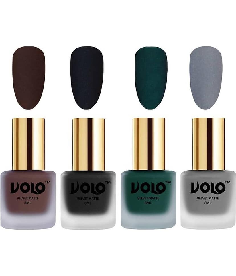 VOLO Velvet Dull Matte Posh Shades Nail Polish Brown,Black,Green, Grey Matte Pack of 4 32 mL
