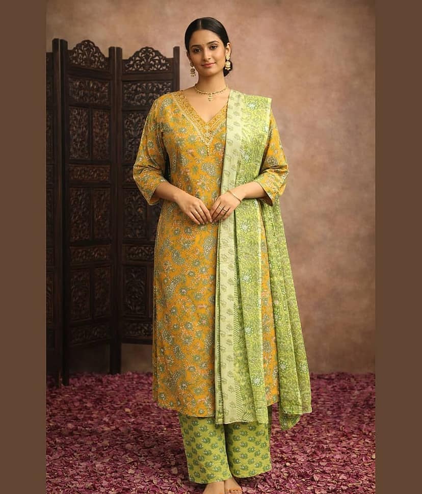 Aarika Women Cotton Printed Straight Kurti With Pants ( Mustard )