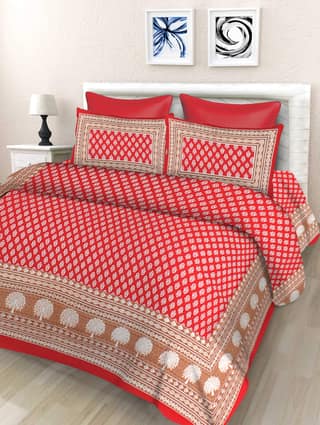 Lali Prints Jaipuri Red White Printed Cotton 130 TC Queen Bedsheet with 2 Pillow Covers