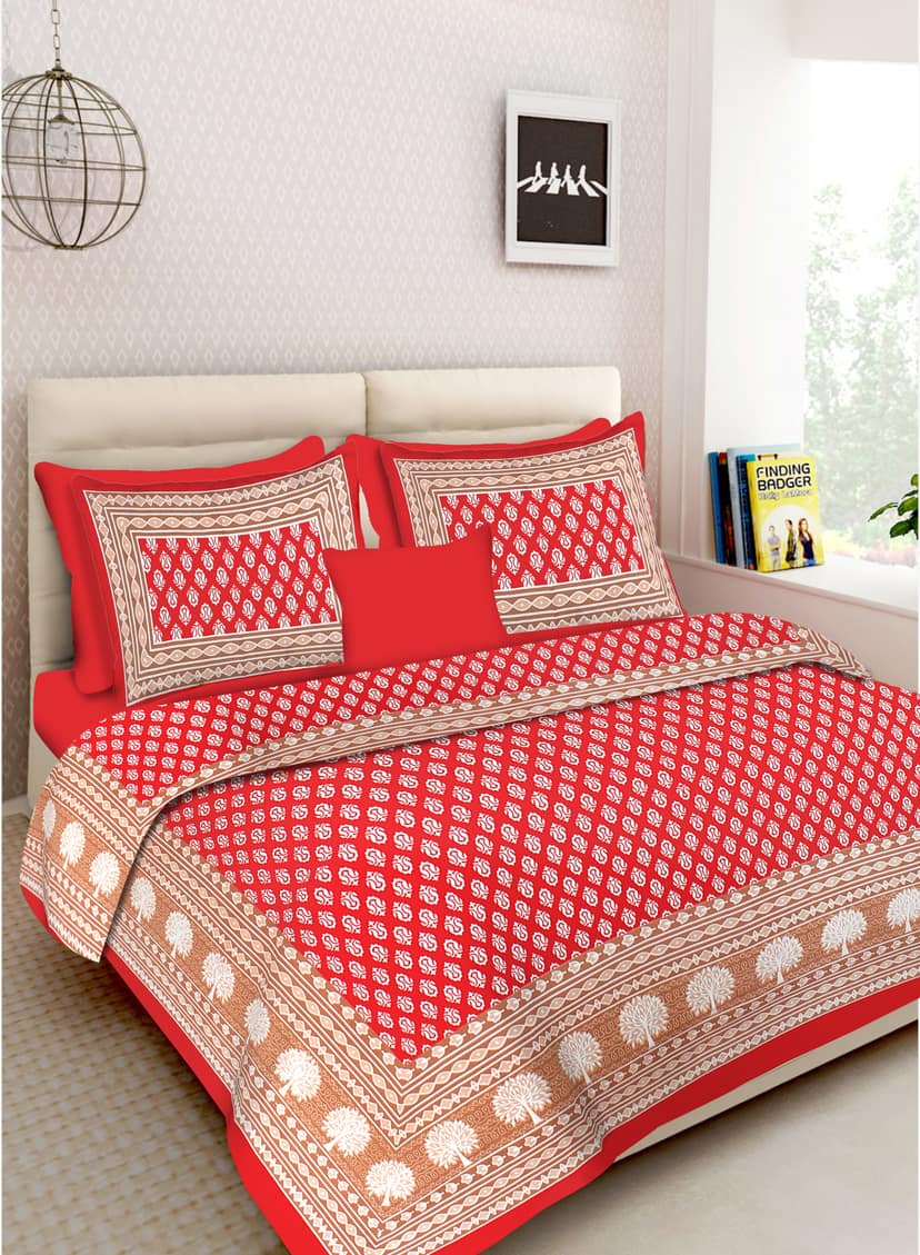 Lali Prints Jaipuri Red White Printed Cotton 130 TC Queen Bedsheet with 2 Pillow Covers view 2