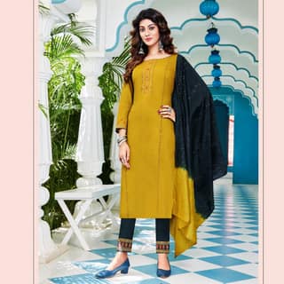 TALK BY FASHION Women Embroidered Olive Green Kurta with Pants & Dupatta