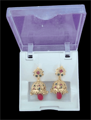 Traditional Indian Gold Jhumka Earrings with Ruby and Emerald Stones Online view 3