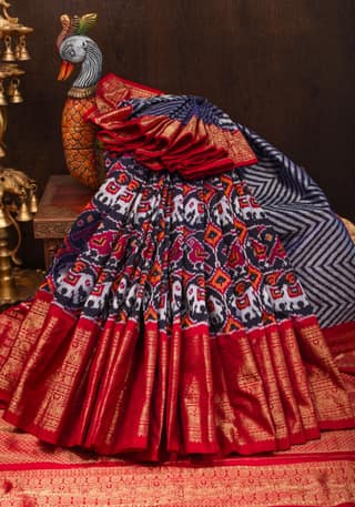 Unique Midnight Blue Ikkat Patola Kanjivaram Fusion Silk Saree with Panel design and zari border | SILK MARK CERTIFIED