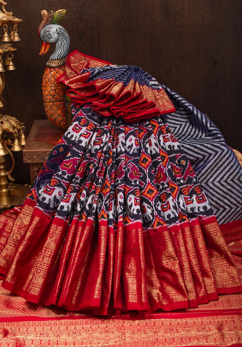 Unique Midnight Blue Ikkat Patola Kanjivaram Fusion Silk Saree with Panel design and zari border | SILK MARK CERTIFIED