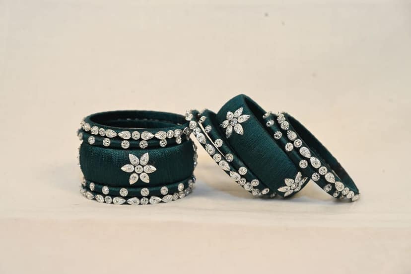 Green Silk Thread Bangle with Silver Stone view 2