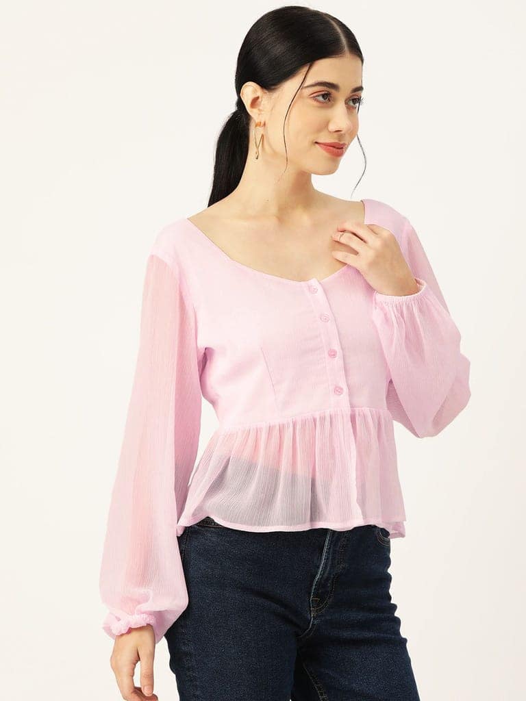 Pink Solid Puff Sleeve Peplum Top view 3