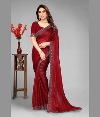 VEERAIVA Chiffon Embellished Saree With Unstitched Blouse Piece ( Purple )