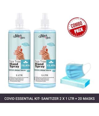 Mirah Belle Tea-Tree Aloe Vera Hand Rub Spray1LTR (Packof2) & 20 Masks Sanitizers 2000 mL Pack of 2