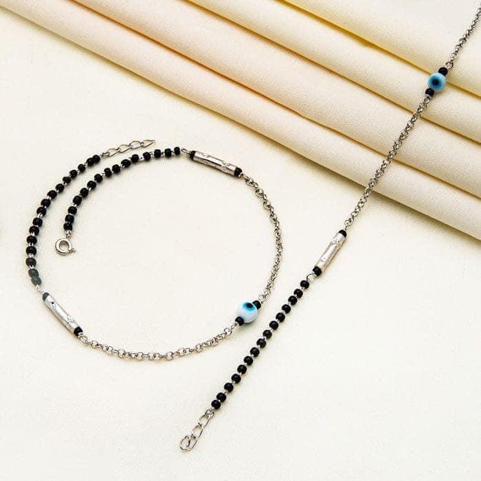 Silver Ethereal Evil Eye Black Beads Pair Of Anklets view 3