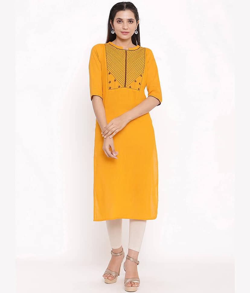SAART BUNAAI Yellow Cotton Straight Kurti