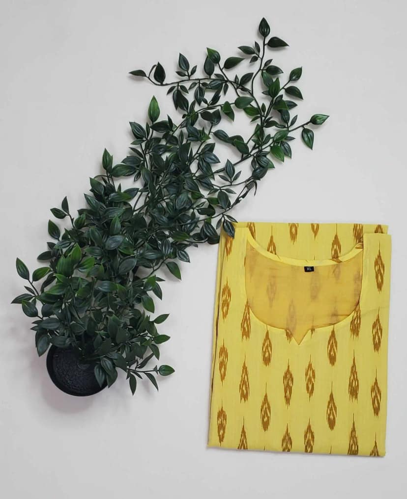 Handwoven Sambalpuri Bandhakala Cotton Kurti in Yellow view 5