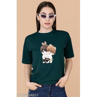 Wexam Style Women Green Printed Round Neck Short Sleeve Top