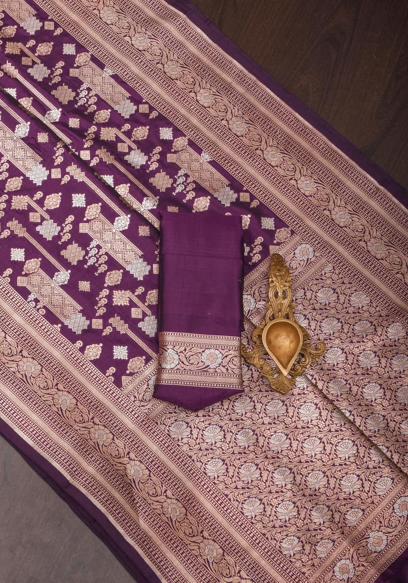 Contemporary Geometric Alfi jaal on Jamuni Purple Banarasi Katan Silk Saree | SILK MARK CERTIFIED