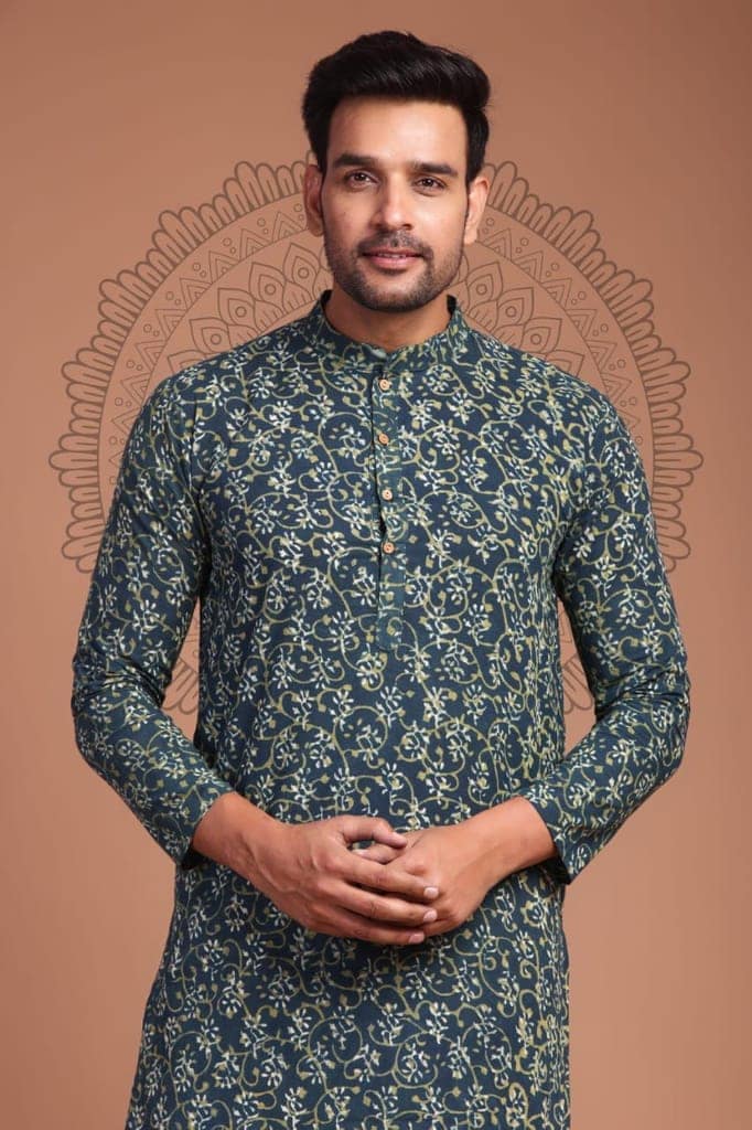 Cotton Designer Men'S Kurta Bagru Printed Hand Printed Blue Color (Size: 38-44)-6676 view 2