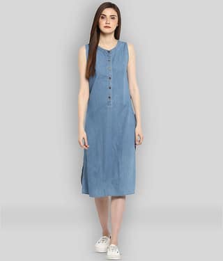 StyleStone Women Denim Solid Fit & Flare Dress ( Blue )