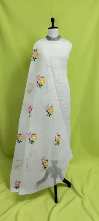 Kota Doria Dress Material with Hand-Embroidered Floral Jaal