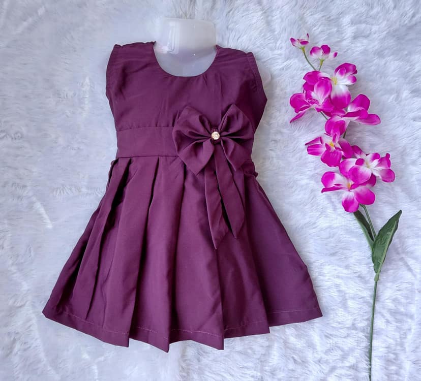 Mom and Me Girls Plain Colour Frock Dress with Flower & Matching Hair Belt | Sleeveless Crepe Fabric | Calf Length (in, Age, 3 Months, 6 Months, Wine) view 2