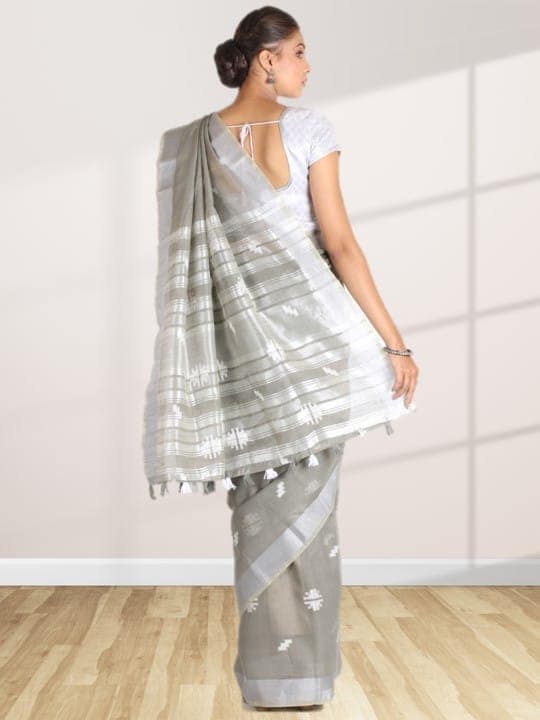Grey Linen Saree With Foil Print view 2