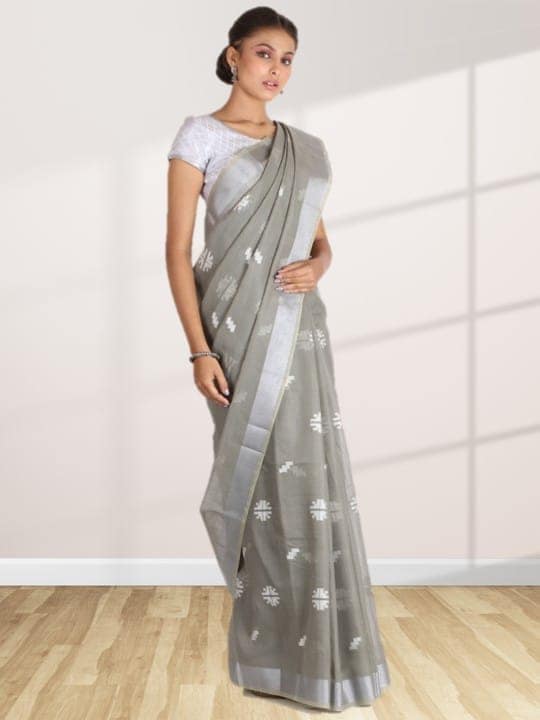 Grey Linen Saree With Foil Print view 3