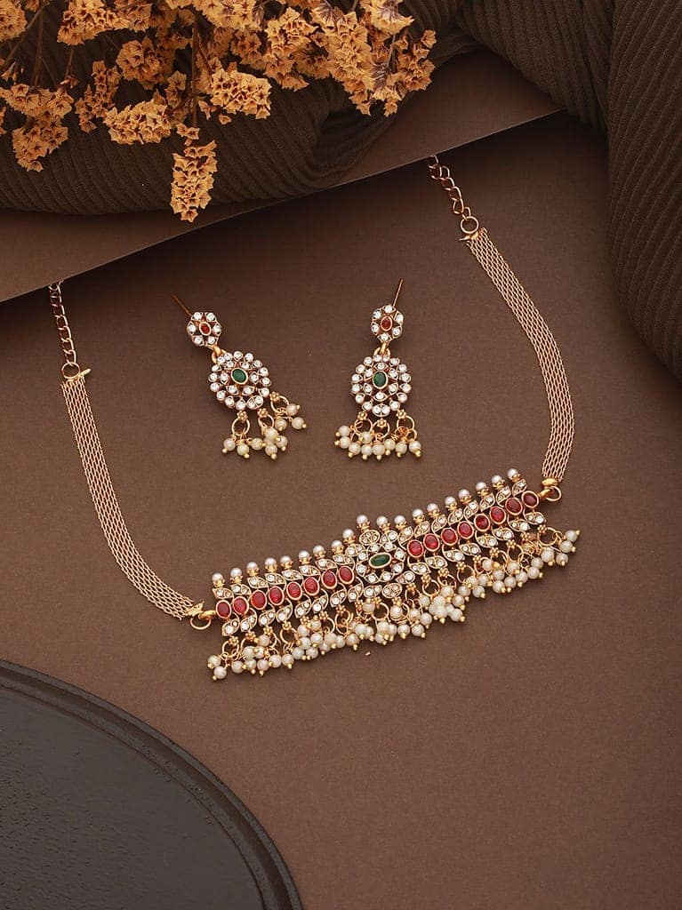 Gold Plated Jadau Studded Pearl Beaded Multicoloured Delicate Chain Choker Jewellery Set view 2