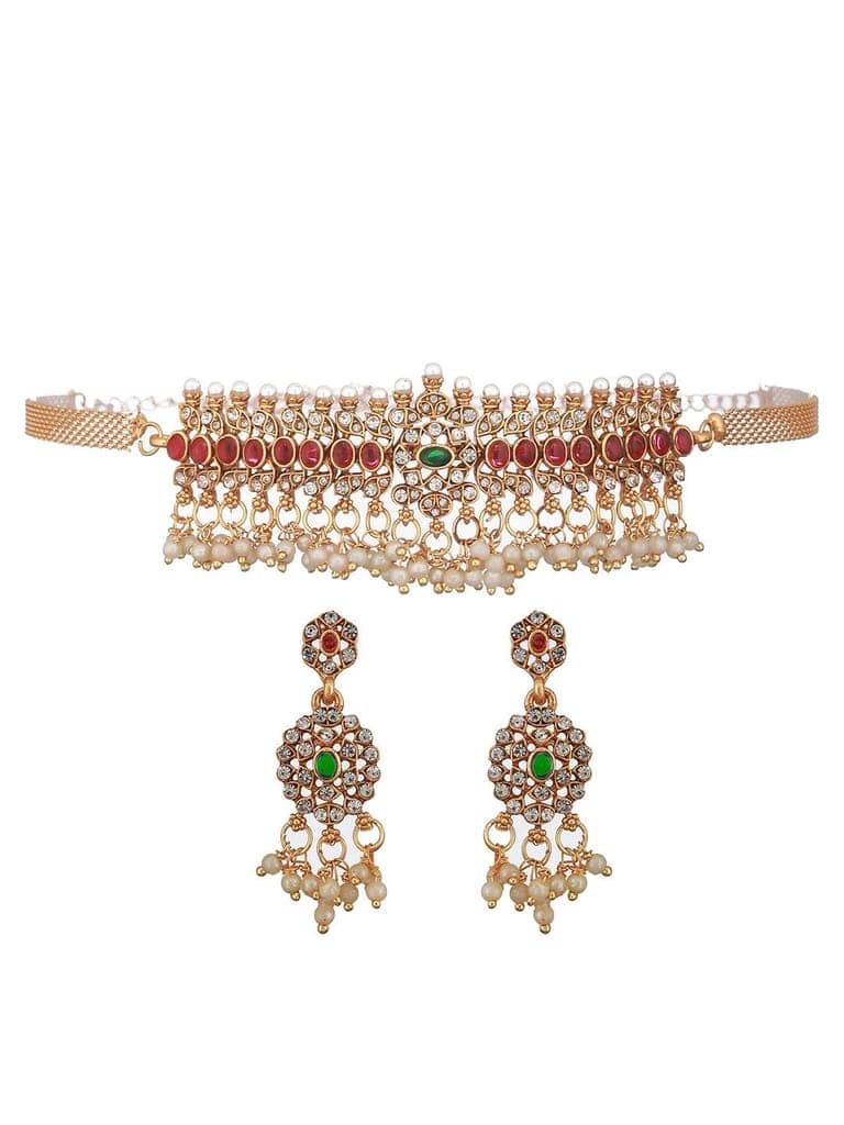 Gold Plated Jadau Studded Pearl Beaded Multicoloured Delicate Chain Choker Jewellery Set view 4