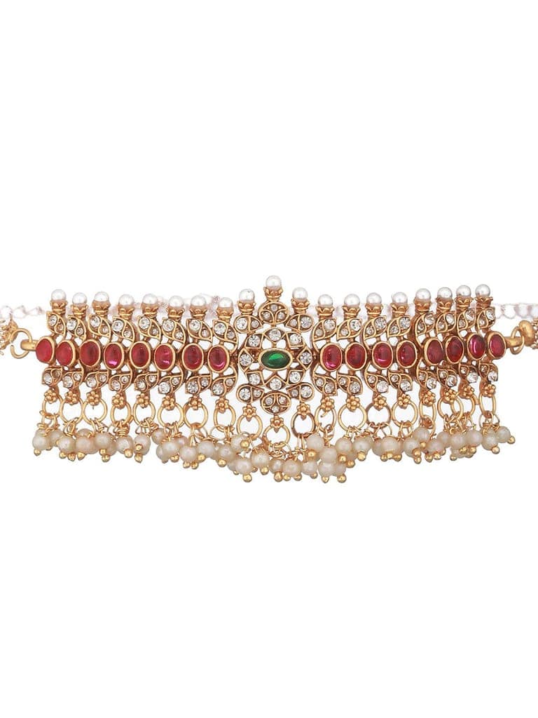 Gold Plated Jadau Studded Pearl Beaded Multicoloured Delicate Chain Choker Jewellery Set view 6