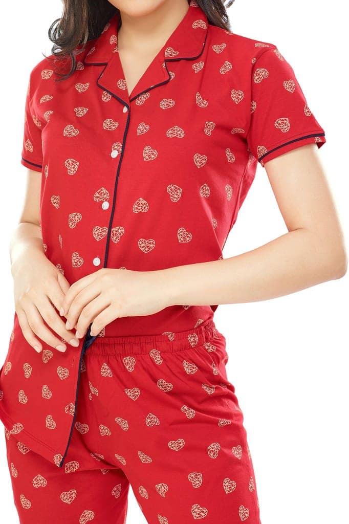 ZEYO Women's Cotton Red Heart Printed Stylish Night suit set view 2