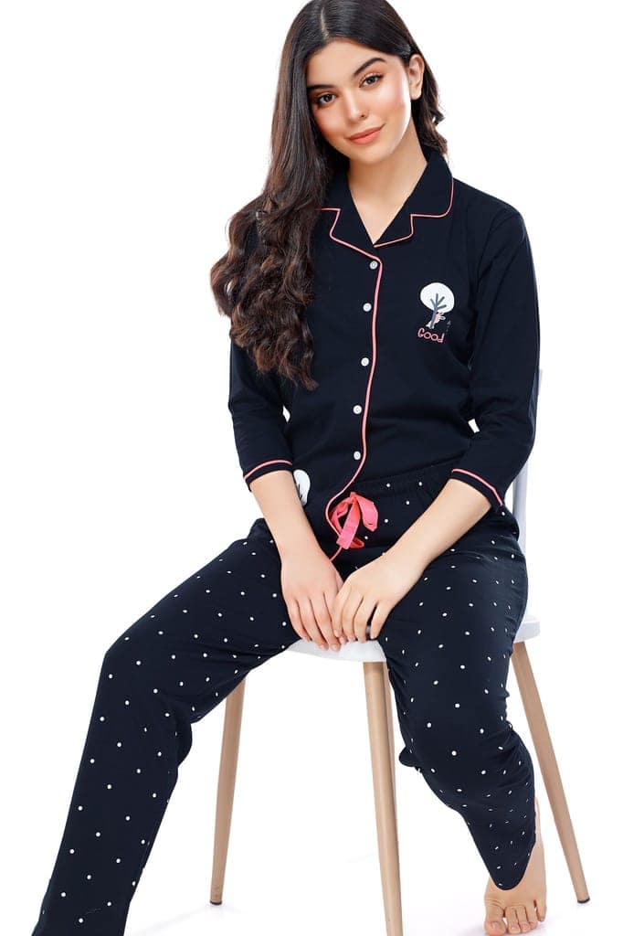 ZEYO Women's Cotton Rust Brown Dot Printed Stylish Night suit set