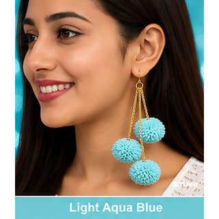 GiftJee Handmade Aqua Blue Pom Pom Earrings for Women Girls Lightweight Boho Tassel Fashion Jewelry