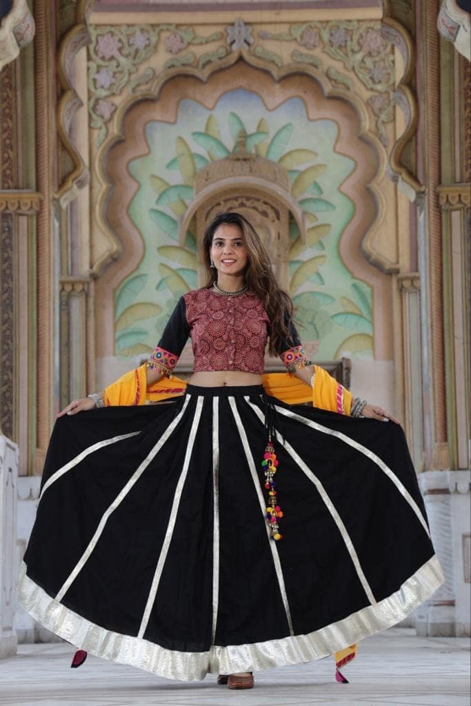 Handblock Printed Gota Patti Lehanga Choli with Mulmul Dupatta (Size: 38-46) Black & Red Color-8180