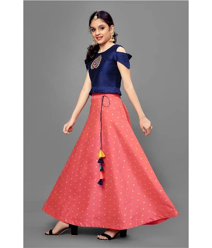 MIRROW TRADE Jacquard Lehenga Choli Sets For Girls ( , Blue ) view 3