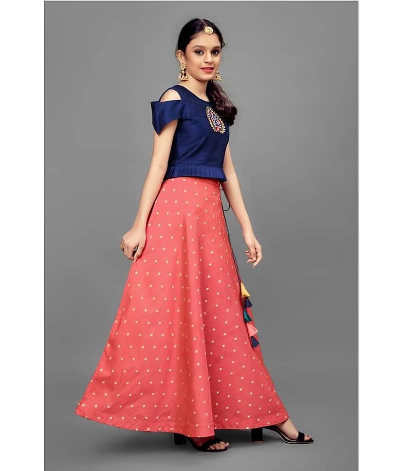 MIRROW TRADE Jacquard Lehenga Choli Sets For Girls ( , Blue ) view 4