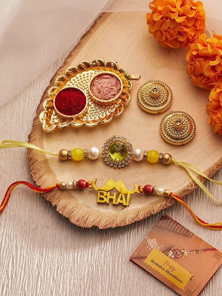 Set Of 2 Red Gold BHAI Thread Rakhi With Roli Chawal Pooja Plate