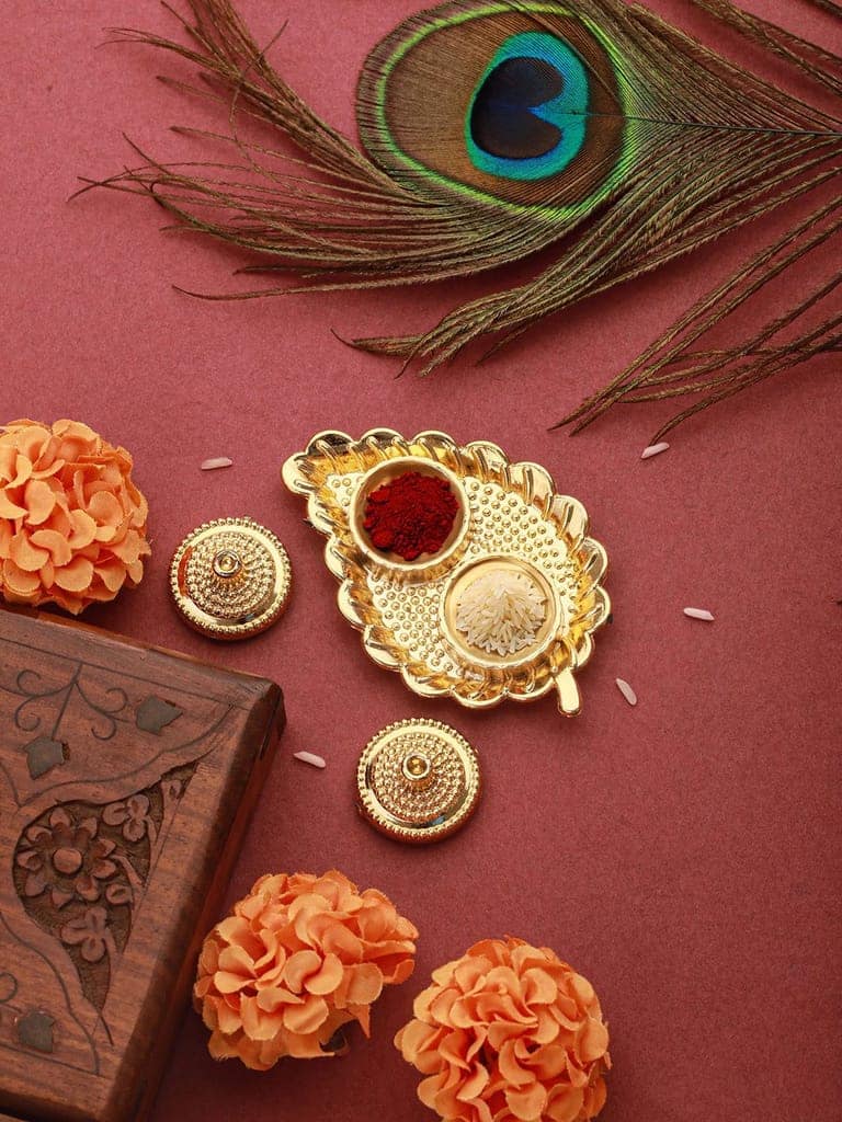 Set Of 2 Red Gold BHAI Thread Rakhi With Roli Chawal Pooja Plate view 2