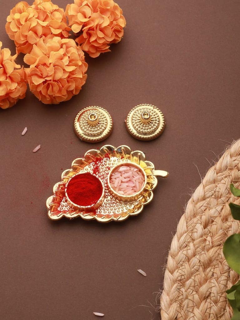 Set Of 2 Red Gold BHAI Thread Rakhi With Roli Chawal Pooja Plate view 3