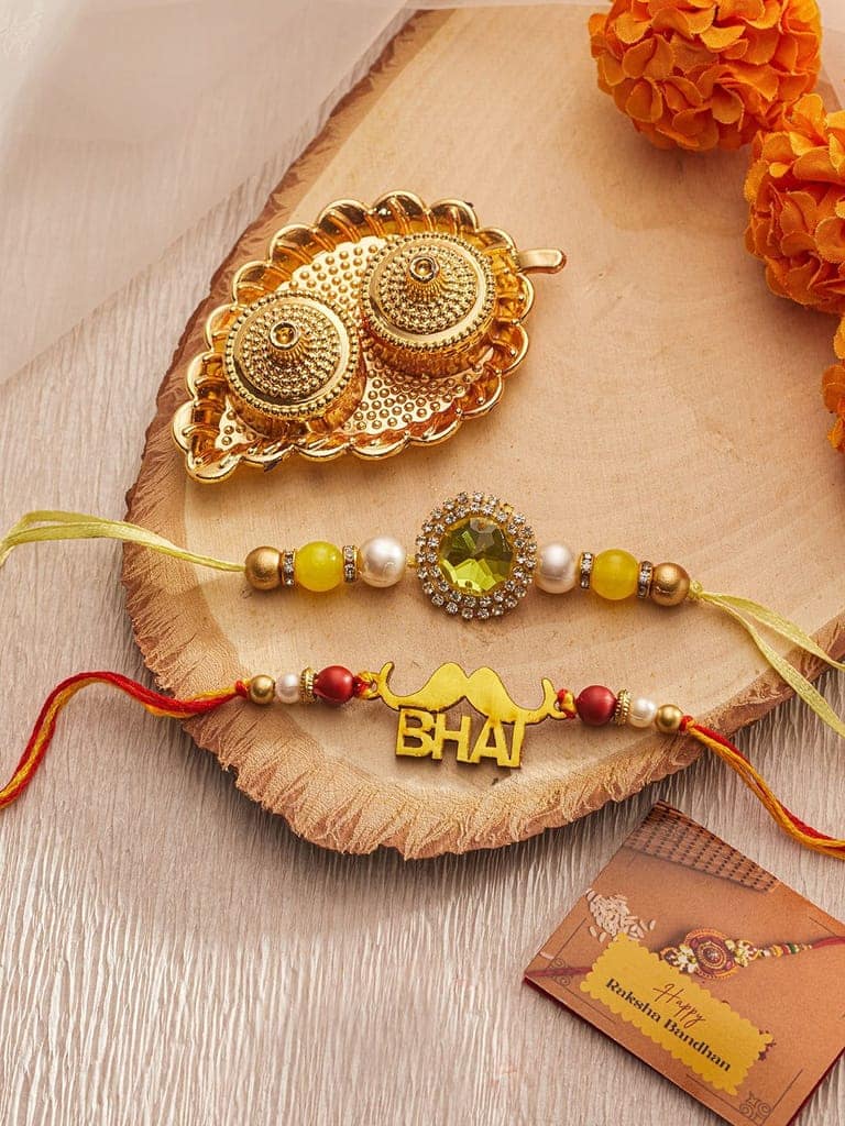 Set Of 2 Red Gold BHAI Thread Rakhi With Roli Chawal Pooja Plate view 5