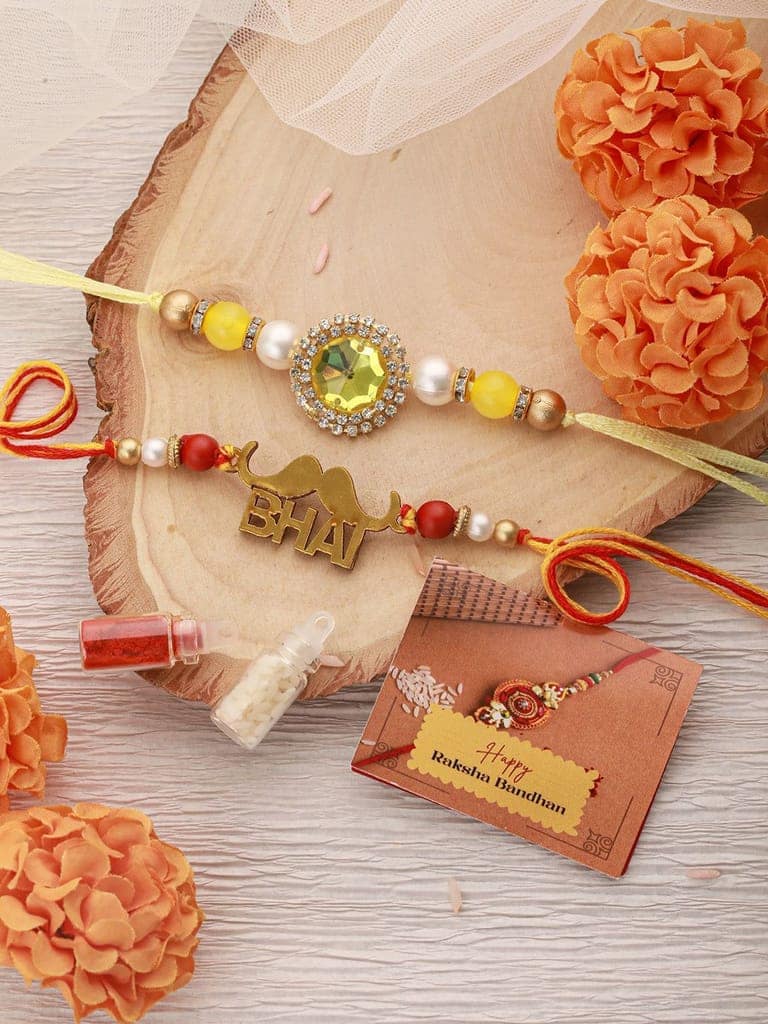 Set Of 2 Red Gold BHAI Thread Rakhi With Roli Chawal Pooja Plate view 7