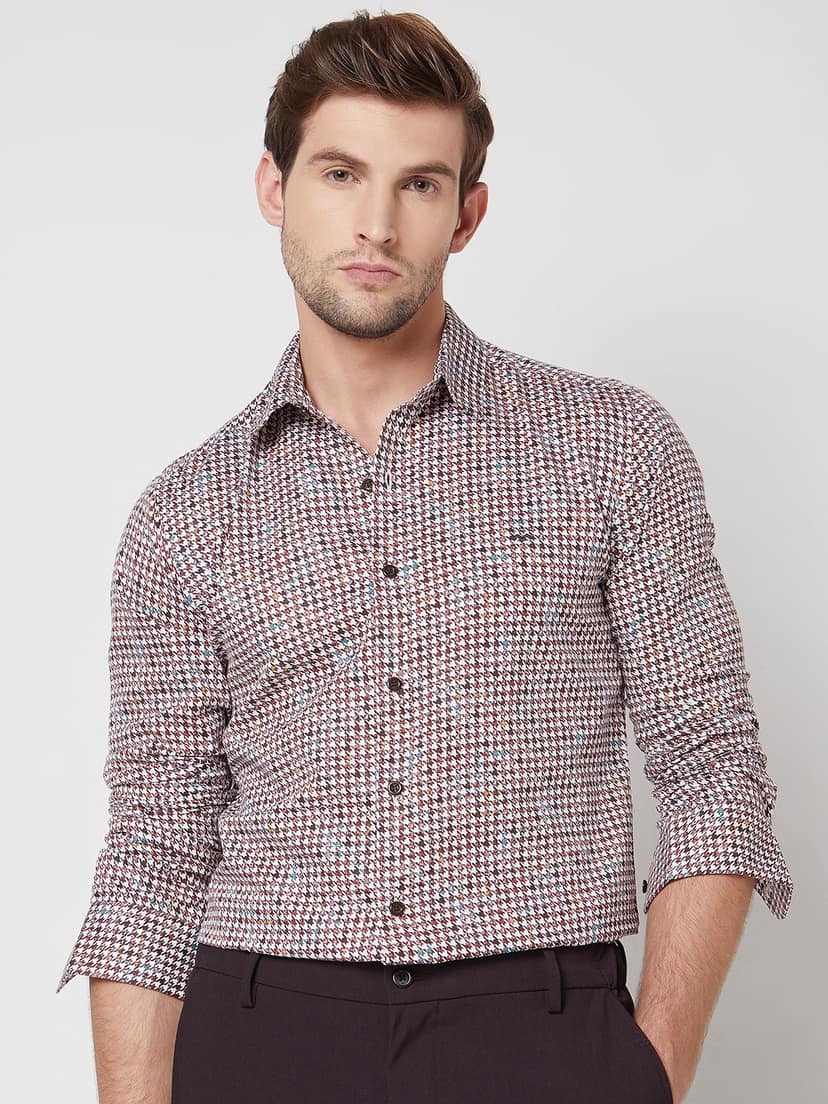 Mufti Maroon Digital Print Slim Fit Casual Shirt