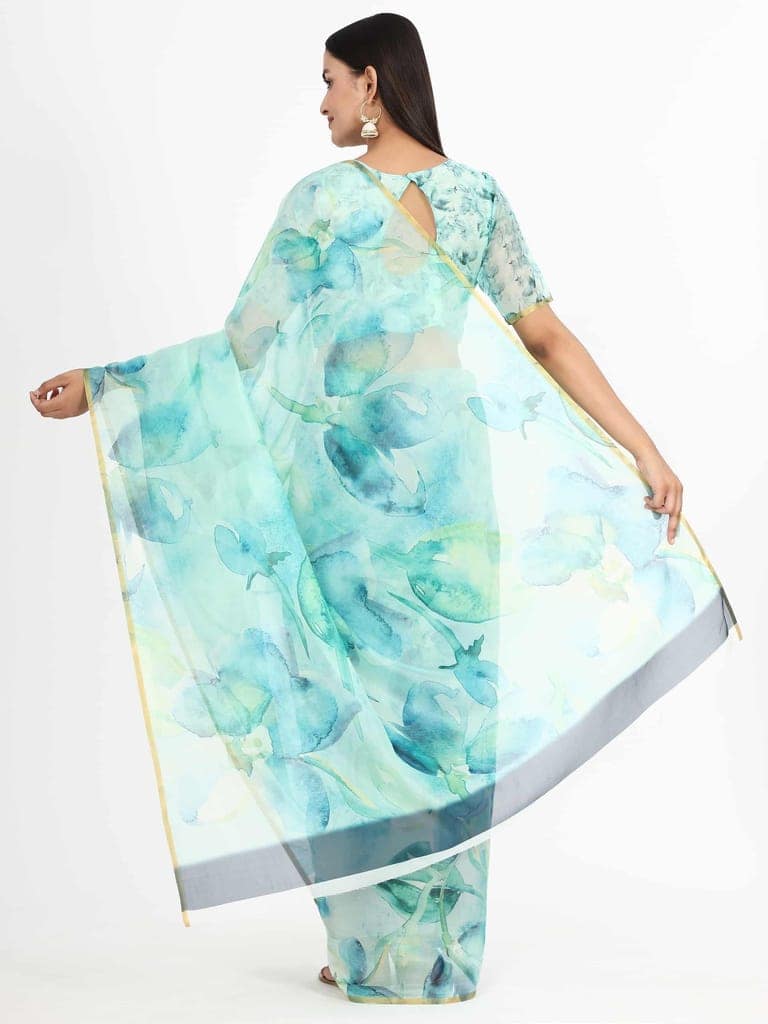 Women's Organza Floral Print Blue Saree view 2