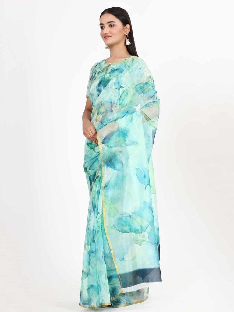 Women's Organza Floral Print Blue Saree view 3