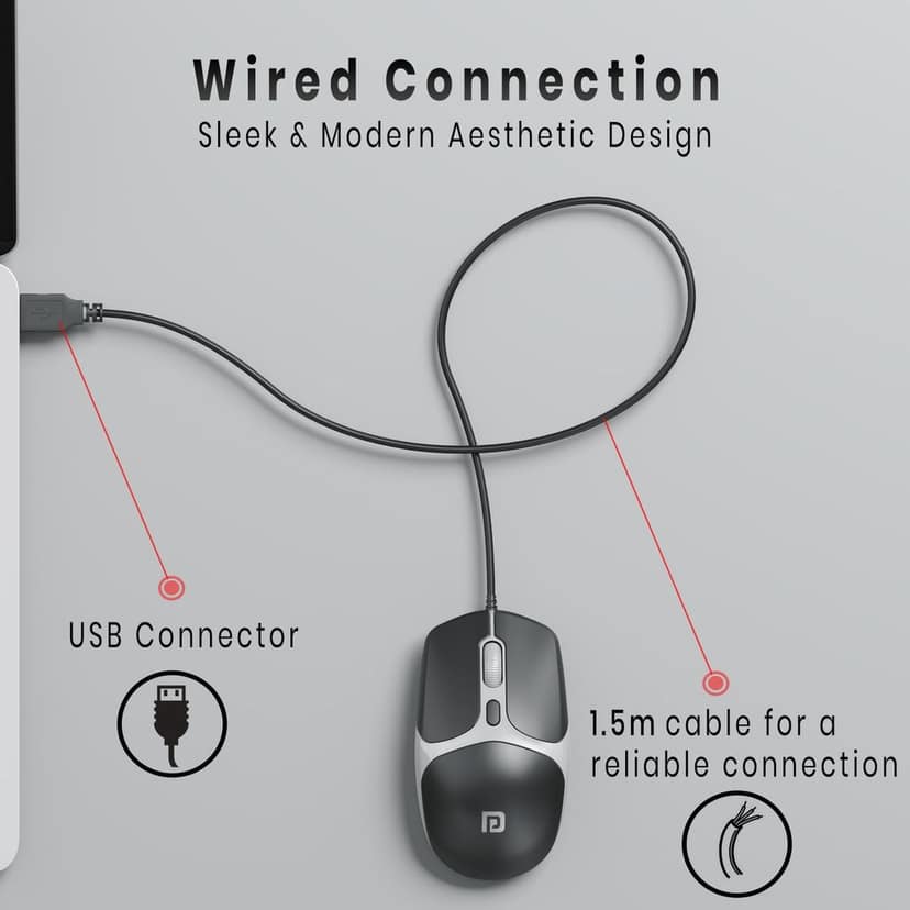 Portronics Toad 103 Wired Optical Mouse with 2400 DPI, Plug & Play, Ambidextrous, Hi-Optical Tracking, 1.5M Cable Length, 30 Lakhs Click Life, Ergonomic Mouse for Comfortable All-Day Grip (Black) view 2
