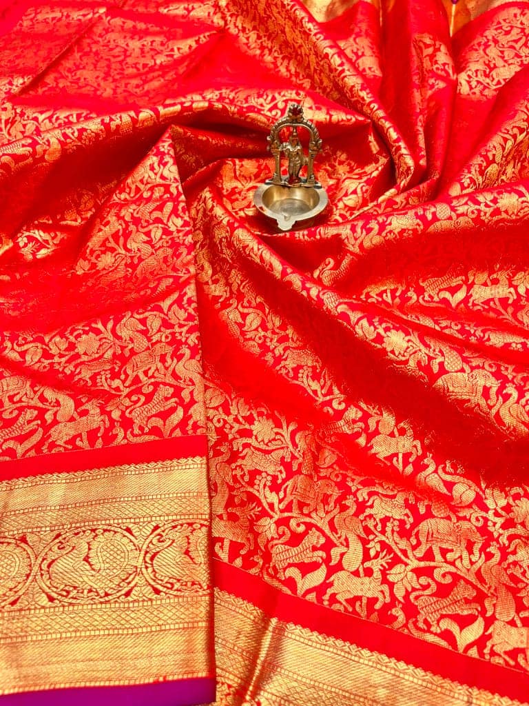 Red Color Kanjivaram Pure Hand Weaved Silk Saree with Vanasingaram Pattern Small Border All Over Grand Zari Woven Saree